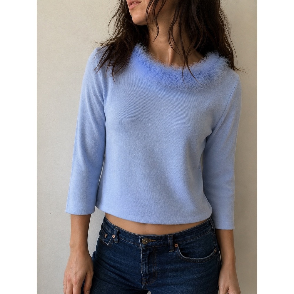Vintage Y2K 2000s Powder Blue Feather Trim Sweater Top Large Coquette Retro